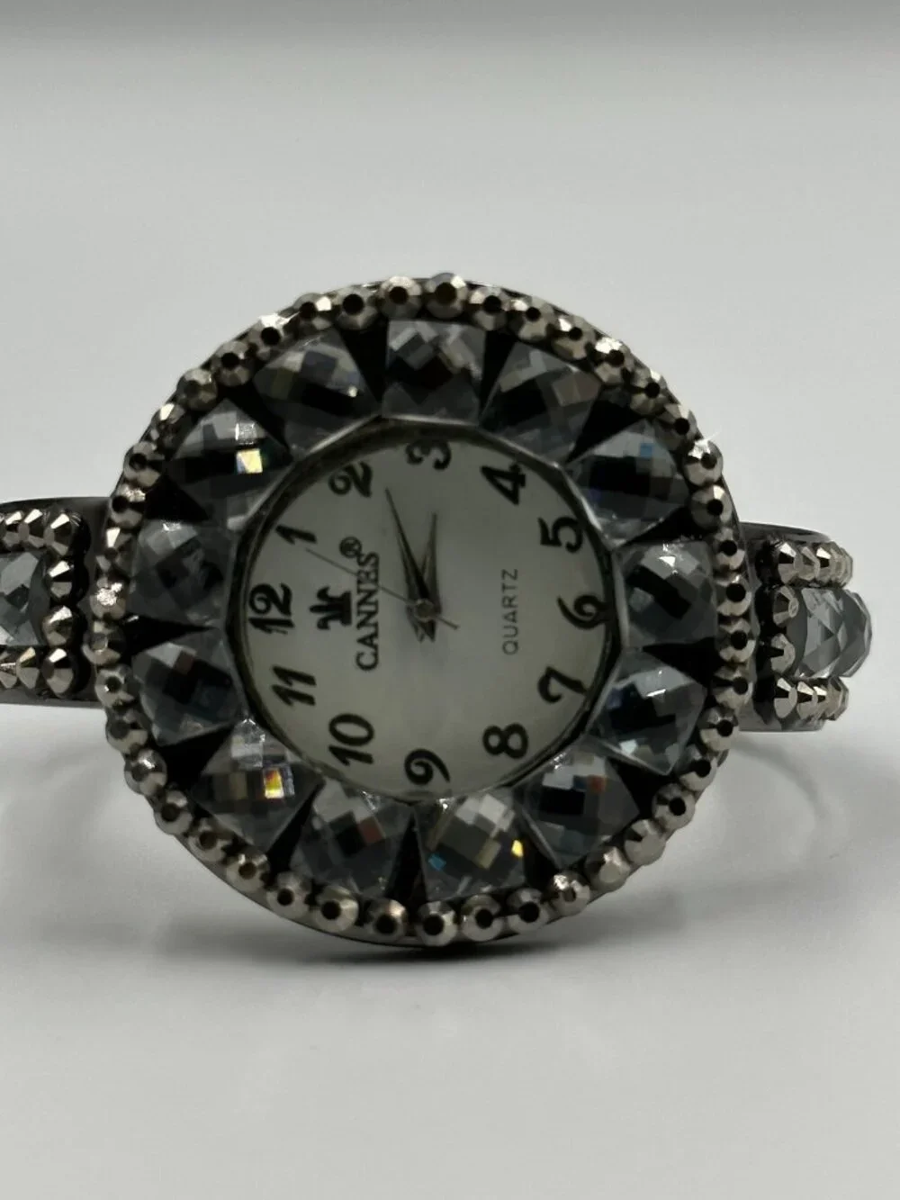 Cannes Rhinestone Watch Women Gunmetal Hinged Cuff Band New Battery 6.5